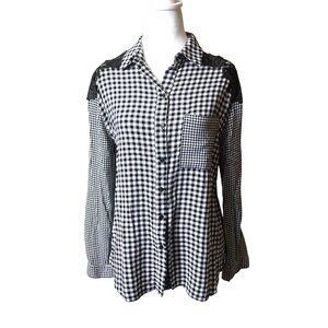 BAKU Women's Small Button Front Plaid Gingham Mixed Print Blouse Top Long Sleeve